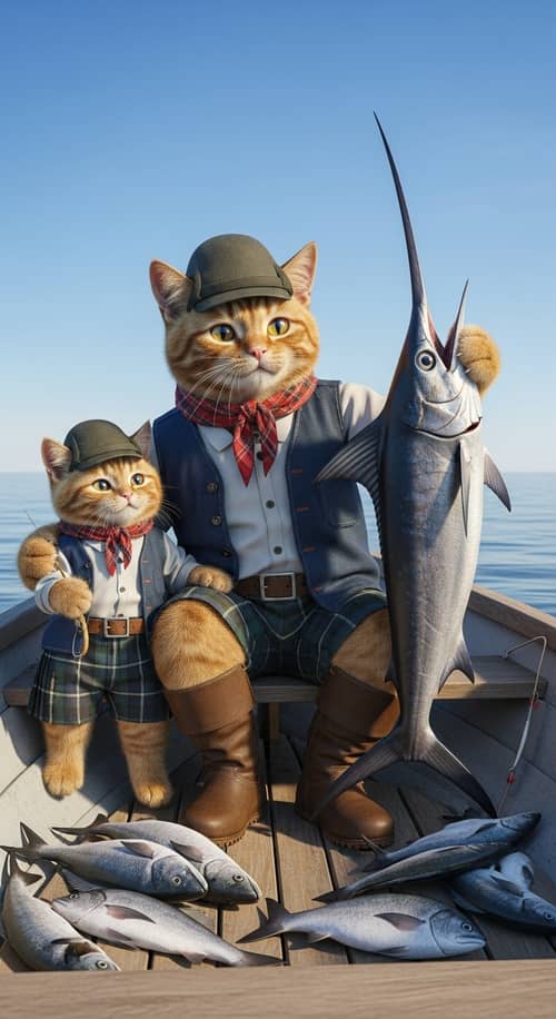 Ginger Scottish Cats Fishing - Realistic Style with Swordfish