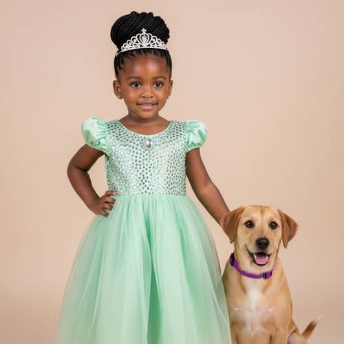 African Princess in Pastel Green Dress with Dog | Little Girl