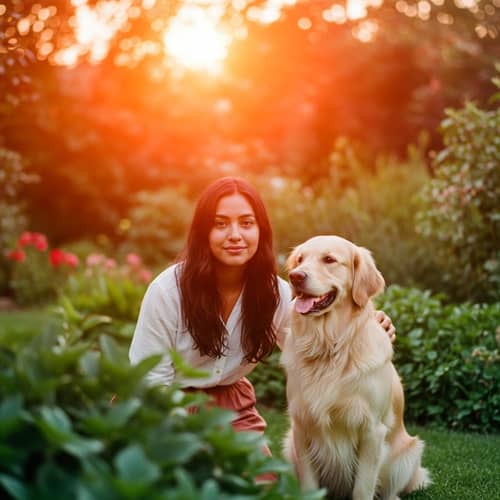 Hispanic Woman & Golden Retriever Enjoying Sunset in Lush Garden