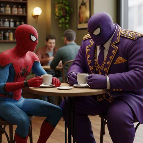 Man in Spider Costume Enjoys Coffee with Friend in Purple Suit