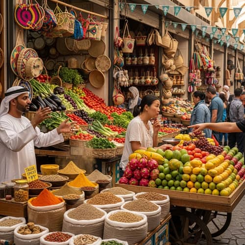 Traditional Marketplace Scene - Spices, Fruits, Craft Stalls