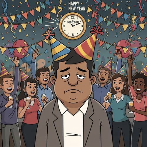 Humorous New Year Celebration Illustration with Deflated South Asian Character