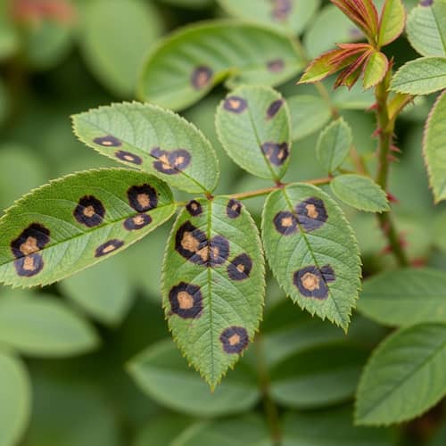 Intricate Black Spot Fungi on Rose Bush Leaves