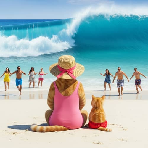 Immaculate Ginger Cat and Kitten Beach Scene with Approaching Tsunami