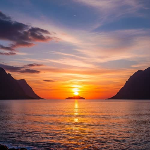 Captivating Sunset Over Sea and Mountains with Moonlit Island
