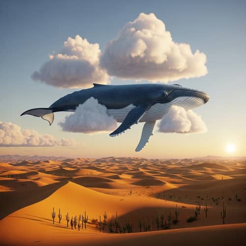 Blue Whale Floating in Sky Over Desert - Surreal Scene