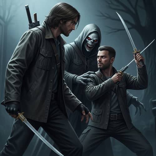 Menacing Demon Encounter with Hunters in Creepy Setting