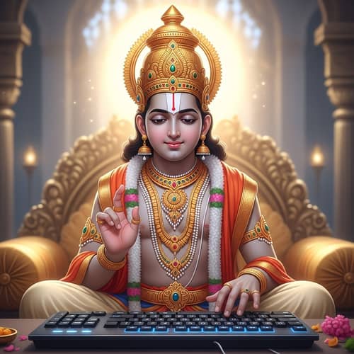 Divine Lord Venkateshwara Typing on Modern Keyboard