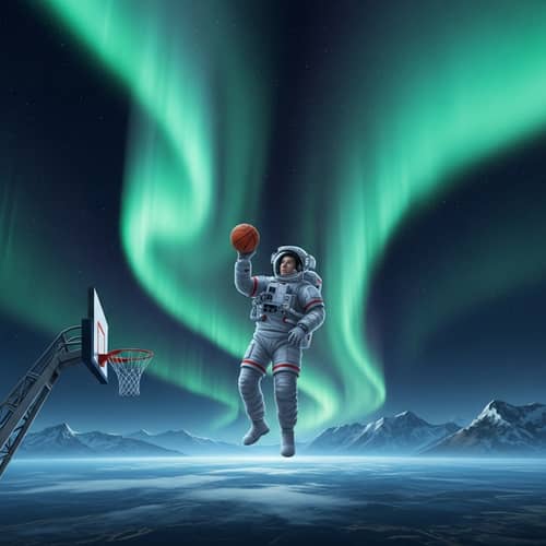 Astronaut Shooting Basketball in Cosmic Aurora Borealis