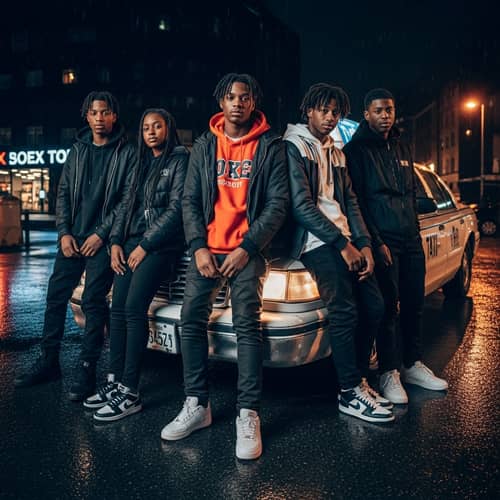 Contemporary Streetwear: Urban Teenagers Near Vintage Taxi in Rain