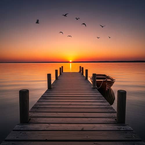 Tranquil Sunset Scene on Wooden Pier over Calm Lake