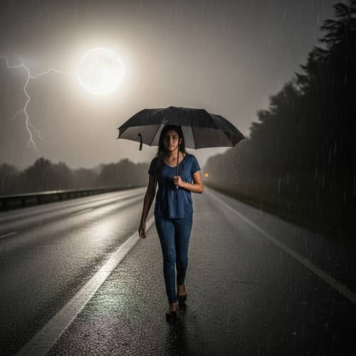 Hispanic Girl Walking in Rain Storm on Desolate Highway