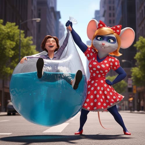 Superhero Minnie Mouse Saves Woman in Oversized Inflated Diaper Scene
