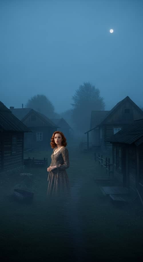 Mysterious Redhead in Beautiful Dress at Foggy Village