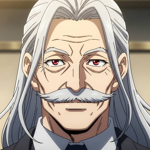 Charismatic Elderly Man with Mustache and Long Grey Hair | Anime Style