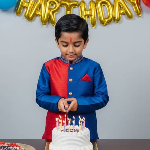 Young Indian Boy Celebrating Birthday in Vibrant Kurta Pajama