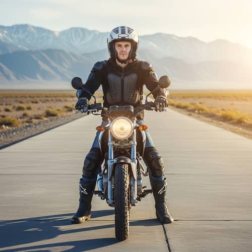 Young Boy on Motorbike Adventure with Mountain Backdrop