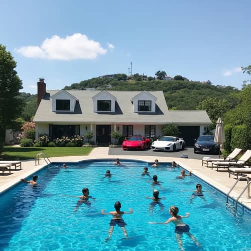 Hilltop House with Diverse Pool Scene and Luxury Cars