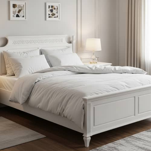Pristine White Bed with Fluffy Pillows in a Calming Room