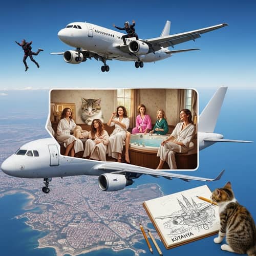 Adventurous Skydiver Lands on Flying Aircraft | Quirky Cat Sketches Kütahya Cityscape