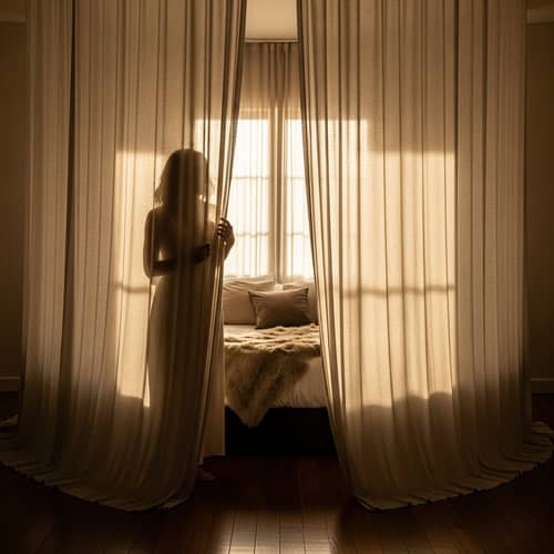 Tranquil Morning Scene with Caucasian Woman Behind Curtains