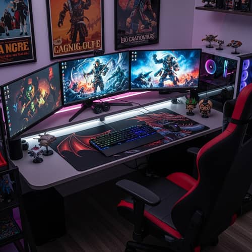 Ultimate Gaming Setup: Desk, Monitors, Keyboard, Mouse, Chair