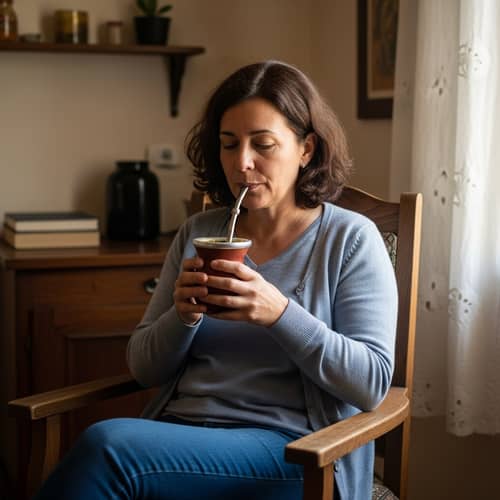 Cozy Homely Scene: Middle-Aged Woman Relaxing with Yerba Mate