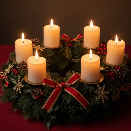 Vintage Festive Advent Wreath with Lit Candles | Traditional Christmas Colors