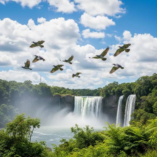 Vibrant Sky with Birds and Waterfall - Nature's Harmony