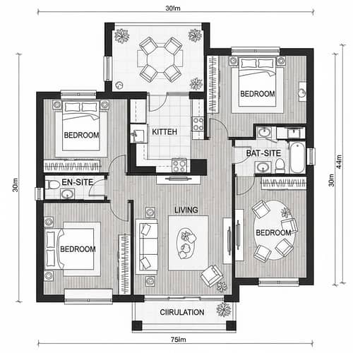 Detailed 3-Bedroom 30x40 Residential Floor Plan with 2 Bathrooms