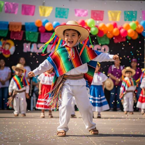 Joyful 7-Year-Old Mexican Boy Dancing at Mother's Day Festival