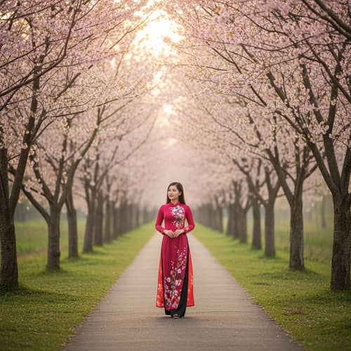 Vietnamese Woman in Elegant Traditional Dress Walking Amid Cherry Blossoms