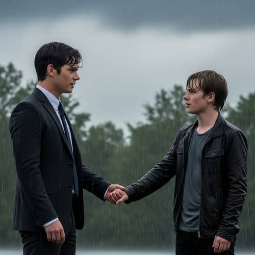 Maze-Themed Actor in Suit with Friend in Rainy Scene