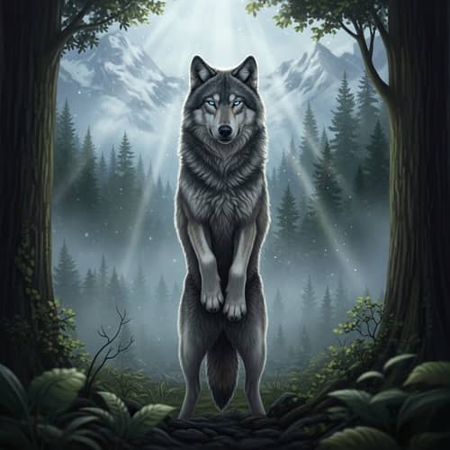 Lone Wolf in Forest Wilderness with Icy Blue Eyes
