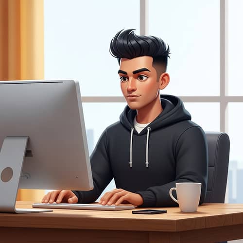Diverse Cartoon Character in Casual Setting | Modern Computer Setup