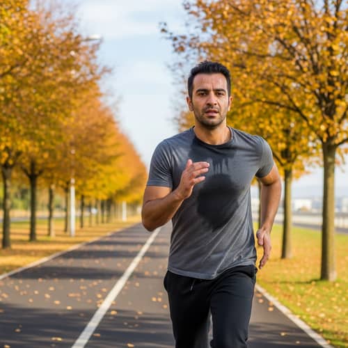 High-Energy Middle-Eastern Male Running in Autumn Scenic Jogging Track