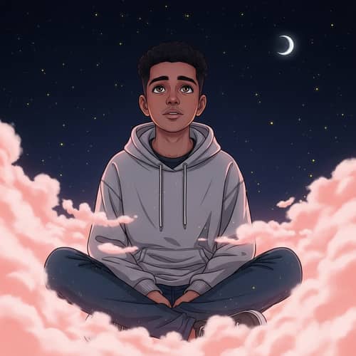Middle-Eastern Teenage Boy in Contemplation among Pink Clouds