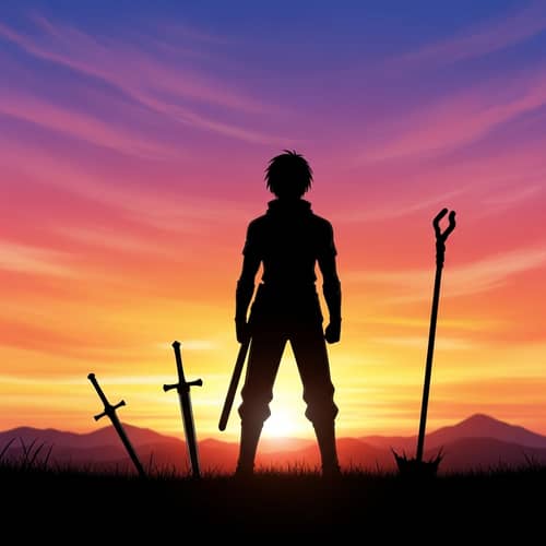 Anime Silhouette of Young Man at Sunset with Weapons