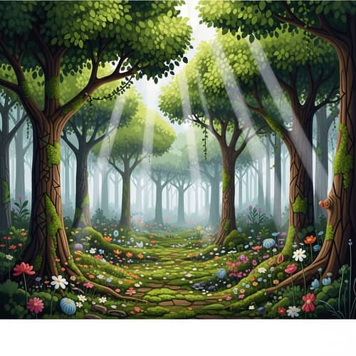 Abstract Forest Scene with Vibrant Green Canopies