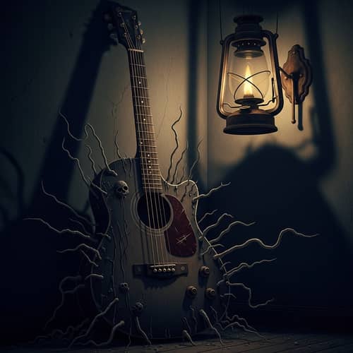 Spooky Guitar Scene: Eerie, Shadowy Aura with Distorted Shadows