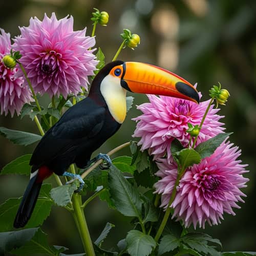 Beautiful Toucan on Dahlia Plant