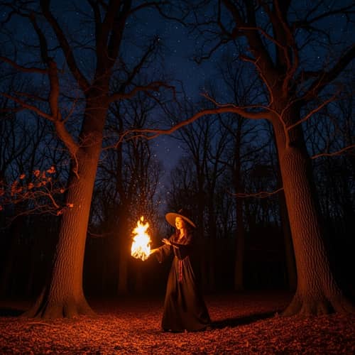 Asian Witch Conjuring Fire in Enchanted Forest at Night