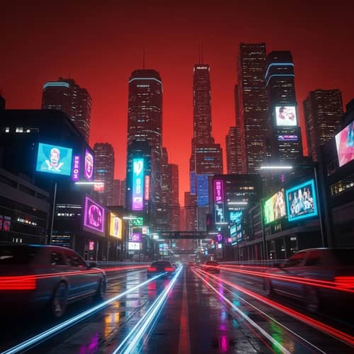 Cyberpunk Cityscape Under Red Night Sky