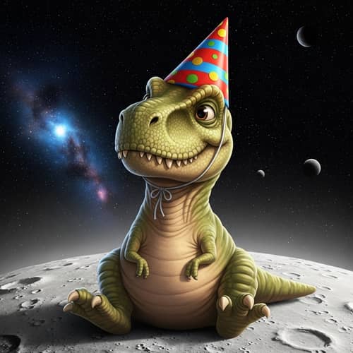 Colorful Dinosaur with Party Hat on Moon's Surface