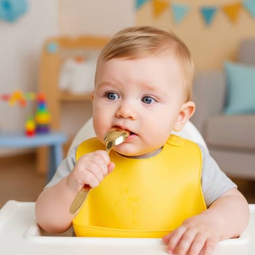 Adorable Baby Boy in High Chair | Cute Blue-Eyed Toddler with Yellow Bib