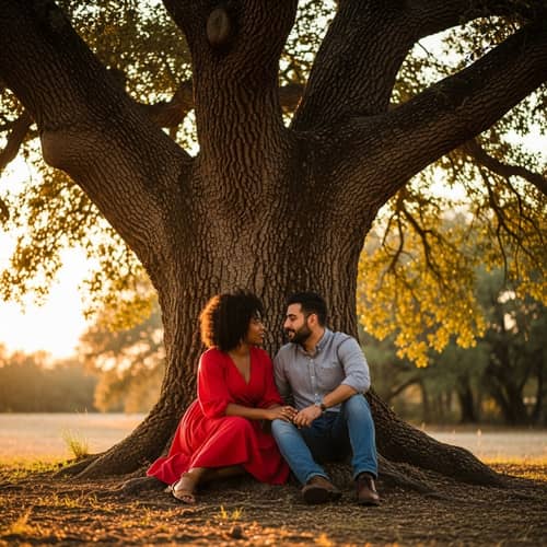 Intimate Sunset Conversation Under Ancient Oak Tree