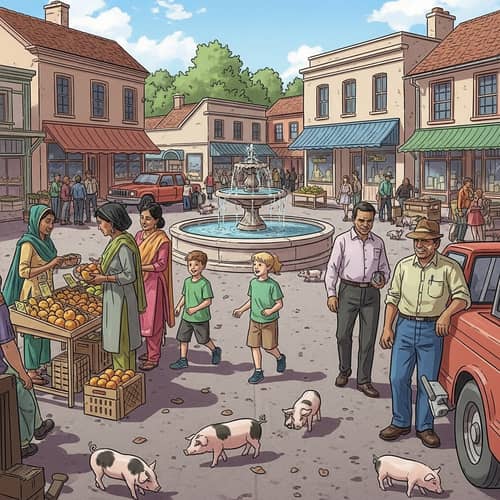 Vibrant Small Town Scene with Diverse Community and Playful Piglets