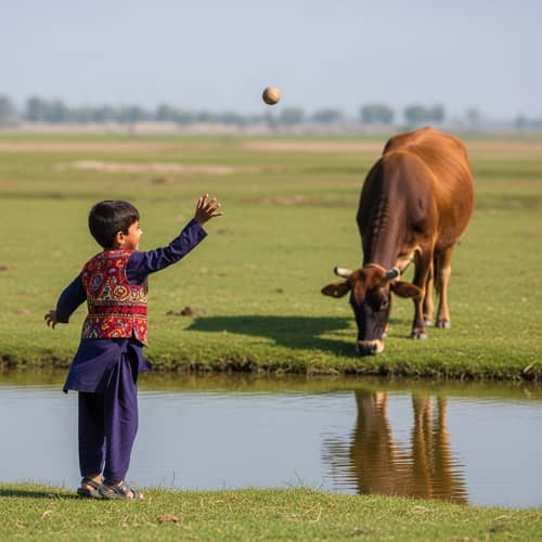 South Asian Boy Throwing Stone at Curious Cow