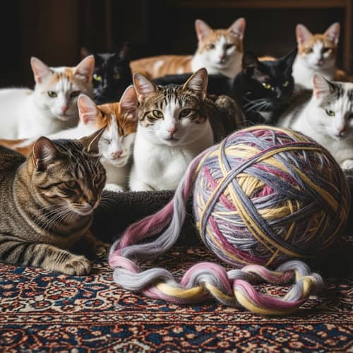 Multicolored Wool-Ball Playing Cats | Indoor Felines on Persian Rug