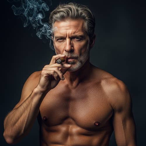 Mysterious Shirtless Man with Intense Gaze and Cigar